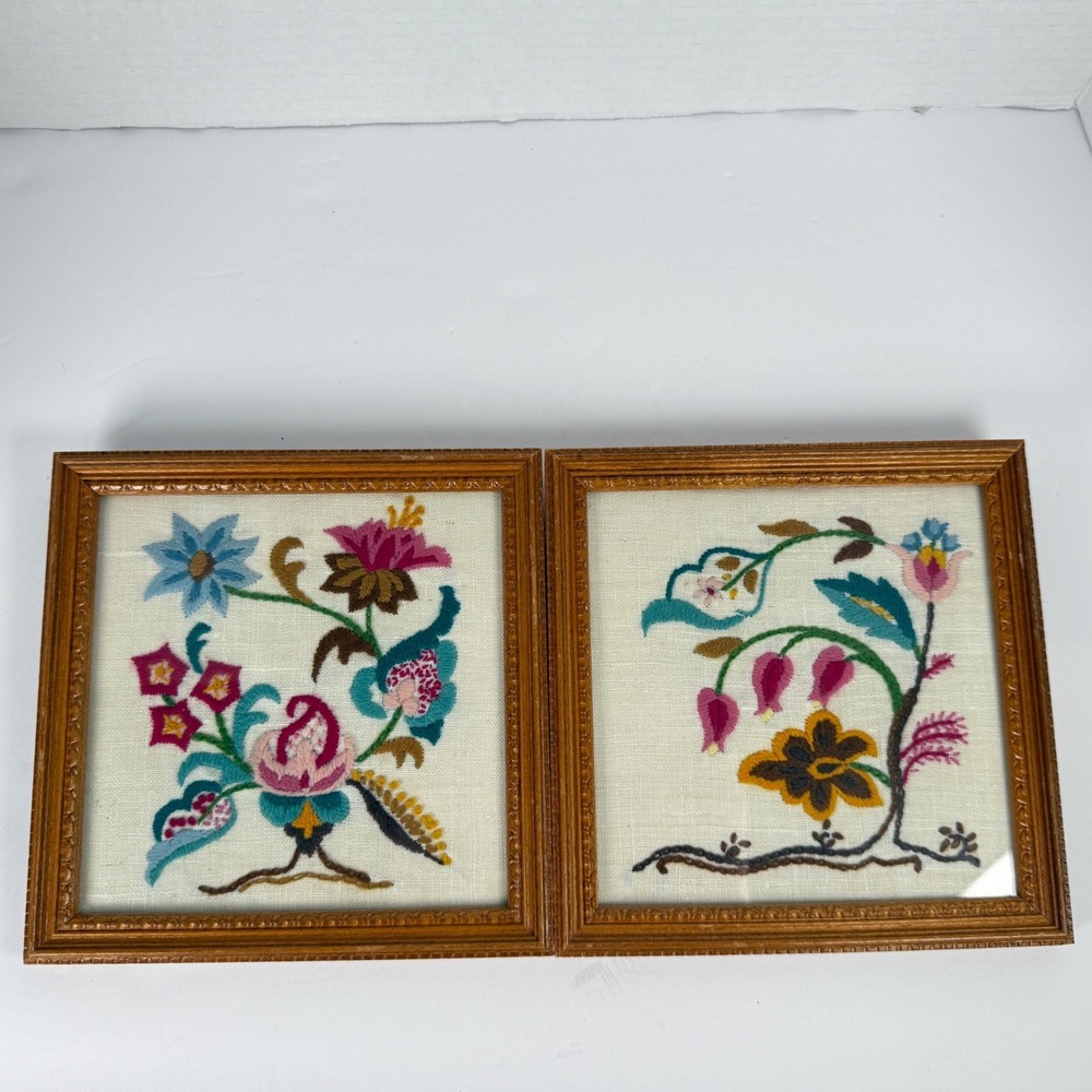 Handmade floral Jacobean Crewel Embroidery framed Art Set of 2 7x7 Multi Color